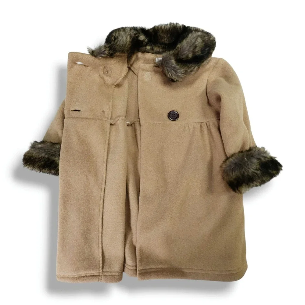 Starting Out Baby Girls‎ Faux Fur Collar Babydoll Dress Coat Camel Tan 24M